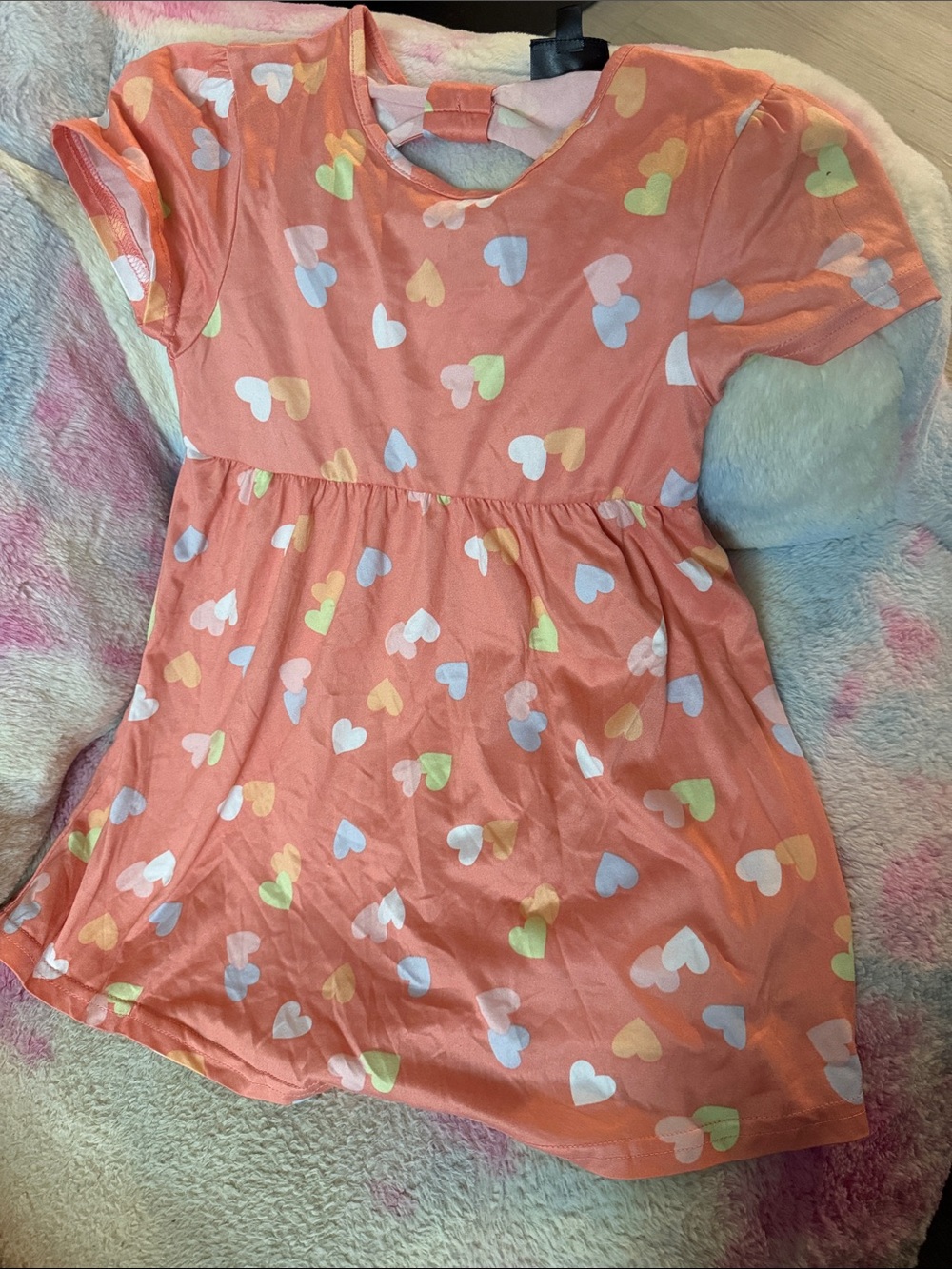 Girls Coral Heart Print Short Sleeve Dress - Cute Everyday Wear